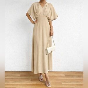 NEW Women's V Neck Half Sleeve Ruched  Baige Cocktail Evening A Line Dress (XS)